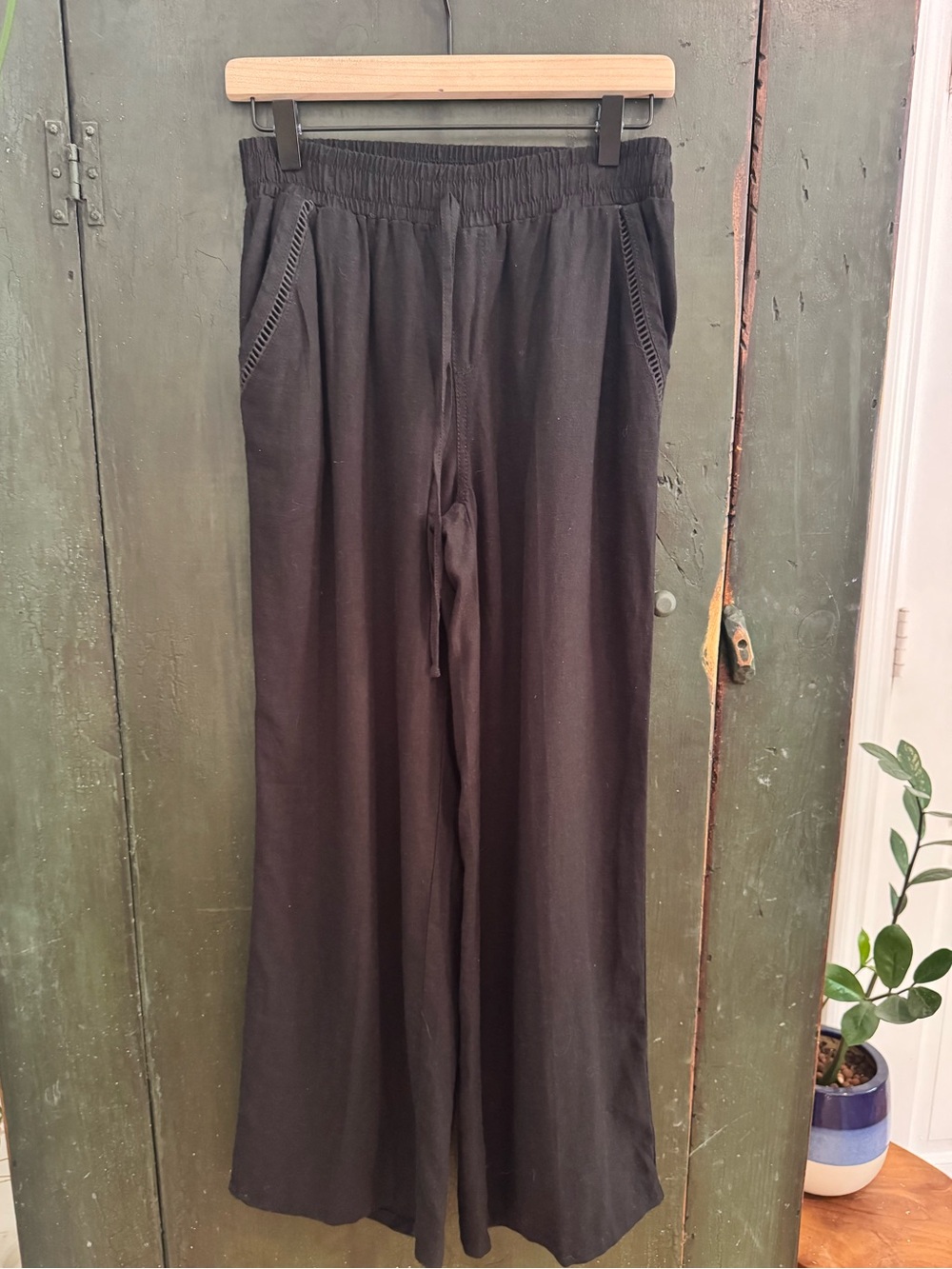 Black Wide Leg Linen Blend Pull On Elastic Drawstring Pants with crochet details